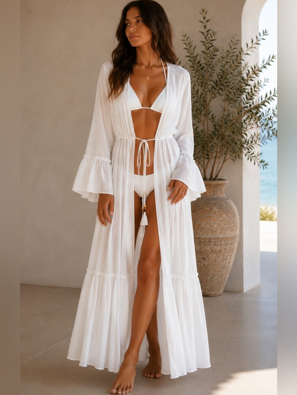 Spiaggia Dolce White Crochet Back Swim Cover Up Duster Cardigan Medium